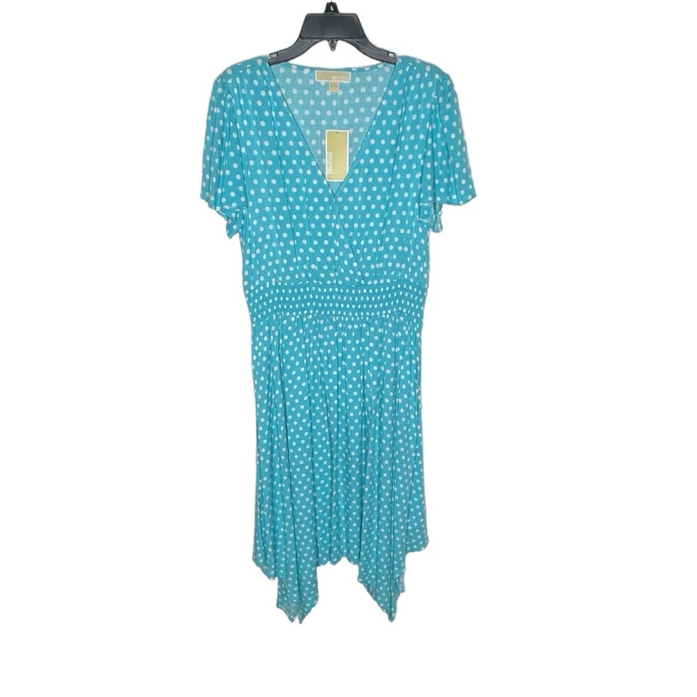Michael Kors Woven Surplice V-Neck Handkerchief Hem Polka Dotted Dress